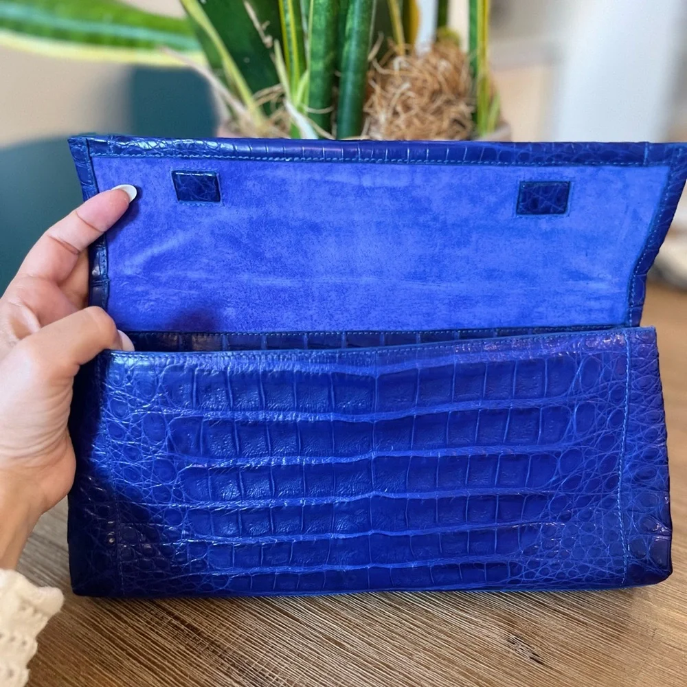 Elegant Blue Nancy Gonzalez Blue Crocodile Leather Clutch - NWT - Picture 2 of 8